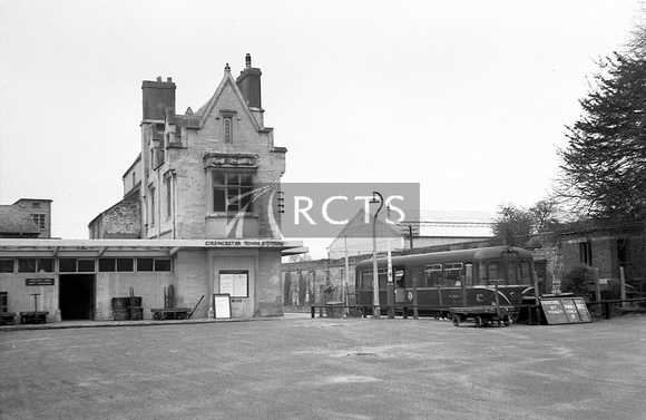 FAI1401 - Exterior view of Cirencester Town station with railbus in platform 29/2/64