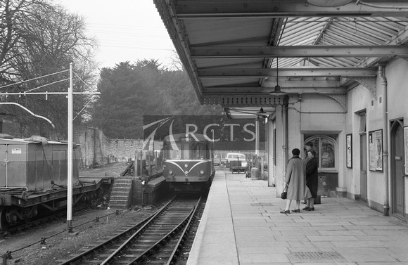 FAI1402 - Interior view at Cirencester Town station looking towards buffer stops with railbus in platform 29/2/64