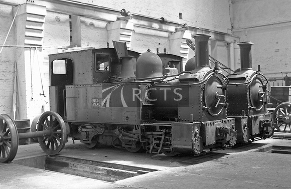 FAI0523 - Cl 0-6-0T Nos 822 and 823 (ex W&L) in store in Oswestry Works 21/6/59