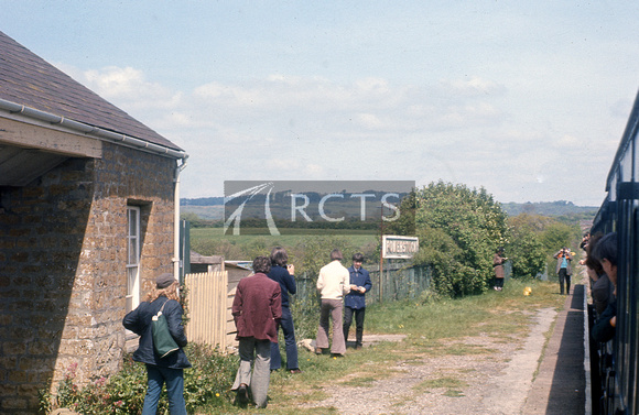 RIP0184C - View along the platform at Powerstock station viewed from a train c May 1975