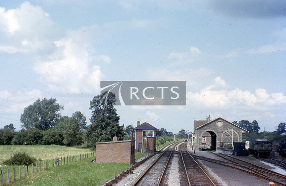 RIP0407C - Sandford & Banwell station, signal box and goods shed viewed from a DMU c 8/63