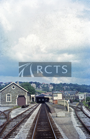 RIP0409CVF - Clevedon station, goods shed and signal box viewed from a DMU c 8/63