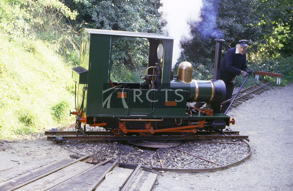 UNK0476C - 0-6-0 loco 'Pilgrim' being turned at the Walsingham Light Railway, April 1987