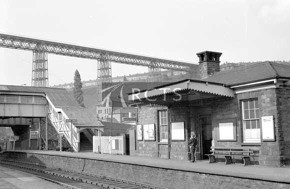 NB00760 - Crumlin Low Level station buildings viewed from the opposite platform and showing the viaduct in the background 27/5/56