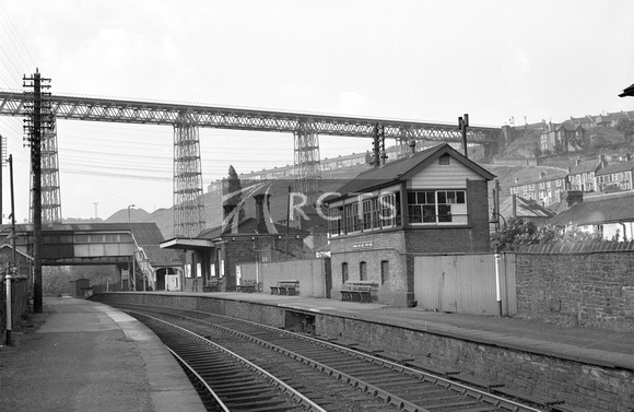 NB00761 - Crumlin Low Level station buildings and Low Level South signal box viewed from the opposite platform and showing the viaduct in the background 27/5/56