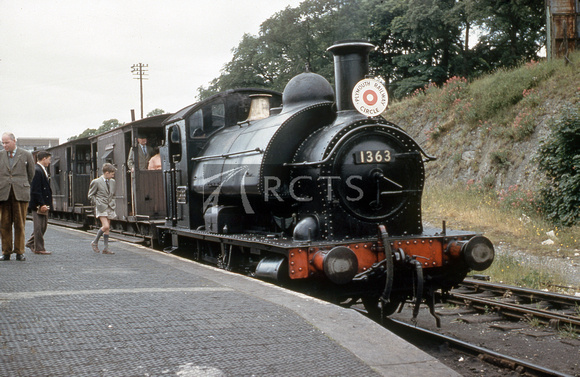 FRE0383C - Cl 1361 No. 1363 at Highworth station (loco carrying 'Plymouth Railway Circle' headboard c 1958