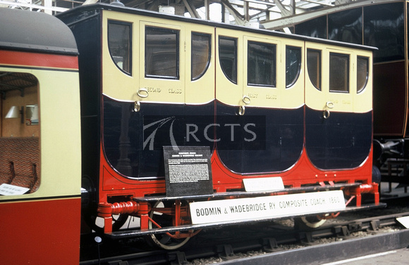 MJB0531C - Bodmin & Wadebridge Railway coach (built 1860) on display in the NRM, May 1972