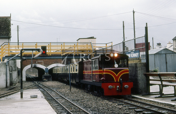 MJB0661C - RHDR diesel loco No. 12 'John Southland' arriving at New Romney c 1980s