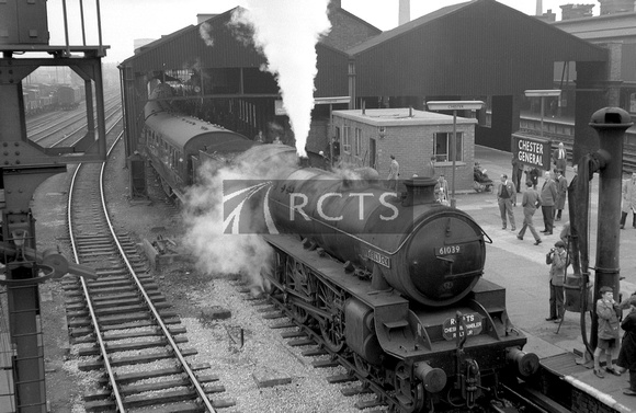 FAI1249 - Cl B1 No. 61039 "Steinbok" at Chester General with RCTS "Cheshire Rambler" rail tour (view from above, steam obscures cab) 27/4/63
