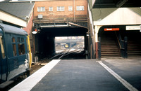 LAN0223C - View along the platform looking through the overbridge at Birkenhead Park station c May 1973