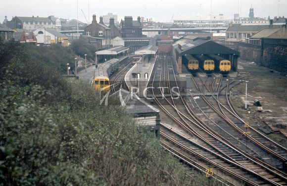 LAN0204C - General view of Birkenhead Central station and car sheds c March 1973