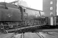 BALD050 - Cl WC No. 34006 'Bude' on the turntable at Nine Elms shed c 1960s