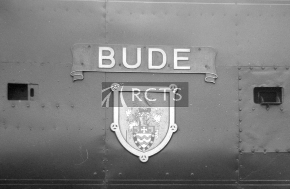 BALD051 - Cl WC No. 34006 'Bude' at Nine Elms shed (detail of nameplate) c 1960s