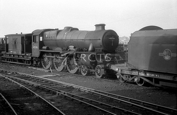 BRO0063 - Cl 6P No. 45596 'Bahamas' (with tender, minus underframe, on a flat wagon) possibly at Horwich Works