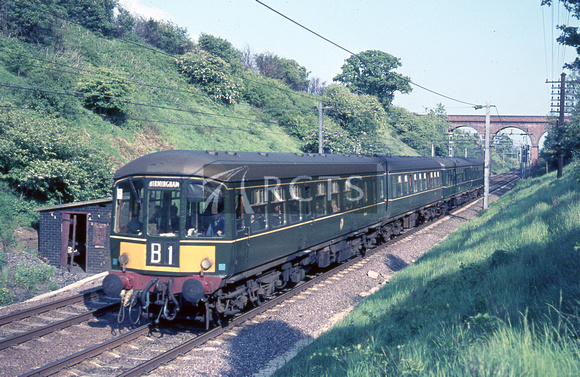 MM00332C - Cl 103 DMU + Cl 100 DMU (2, 2-car sets) working the 1710 Rugby Midland to Birmingham New Street at Berkswell 26/5/66